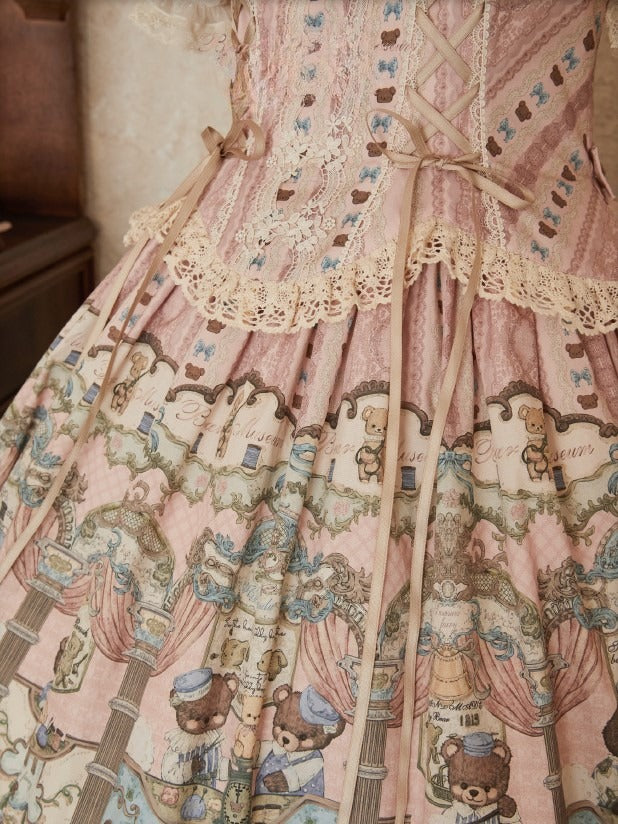 Sweet with Corset Neckline Lacing Printed Bear Square Lolita Dress Pink