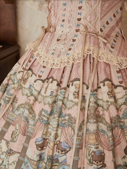 Sweet with Corset Neckline Lacing Printed Bear Square Lolita Dress Pink