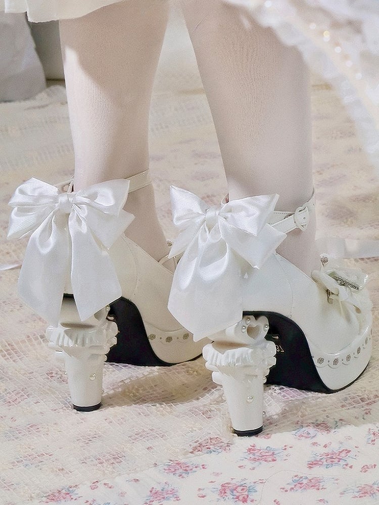 with Decor Side Janes Beaded Decorative Detachable Heart White Heel Mary Bow Chunky Snap