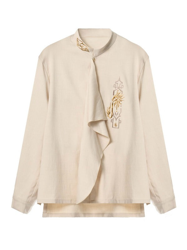 Long Blouse Embroidered Chinoiserie Sleeve Asymmetrical Ivory