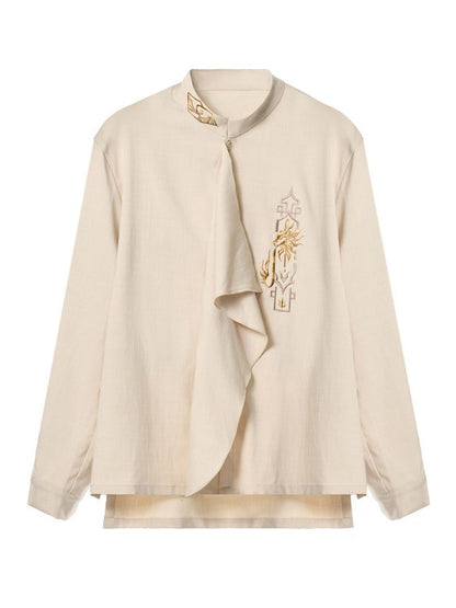 Long Blouse Embroidered Chinoiserie Sleeve Asymmetrical Ivory