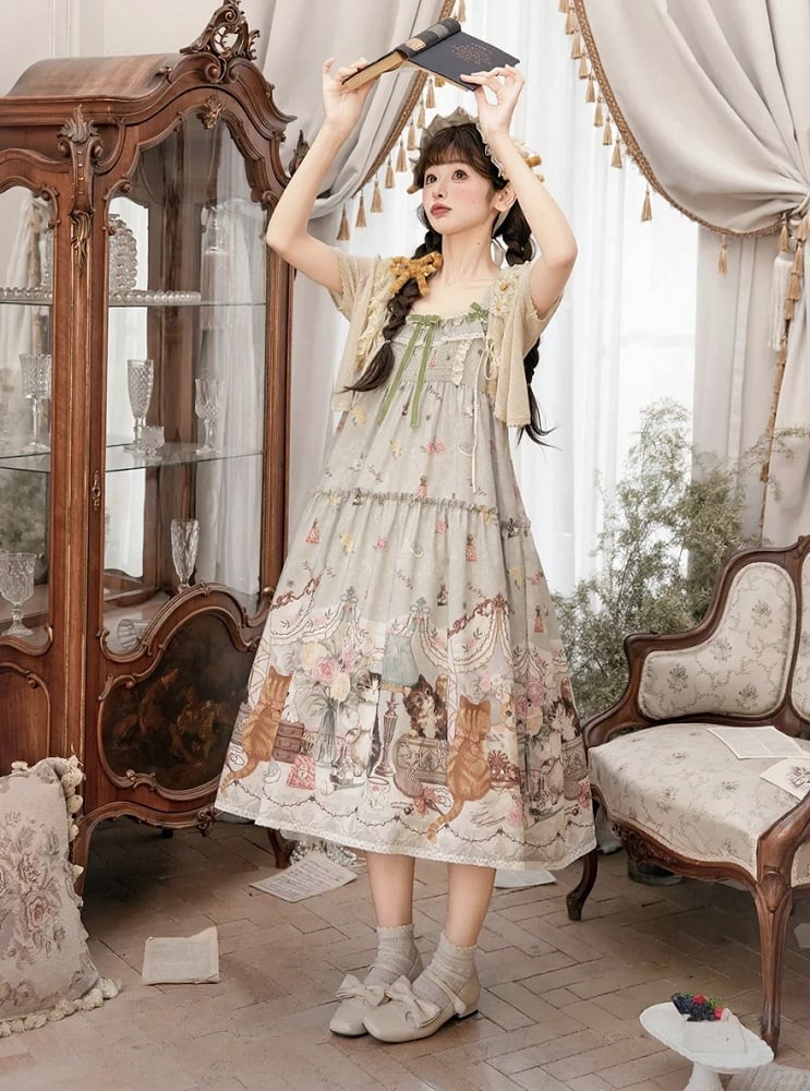 Green Cat Print High Waist Sweet Lolita Jumper Skirt - NyaNya