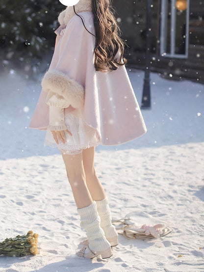 Self-tie Pink Wool Cape Coat with Detachable Shaggy Collar Sweet