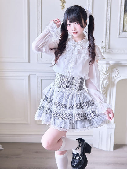 Weiße Bluse aus Jirai-Chiffonstoff: Ärmel Kei lang