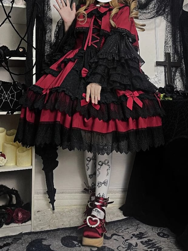 Rot-schwarzes Old School Lolita Fashion Kleid Bowknot JSK Set