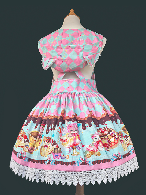 Lolita with Dessert Ear Cat Diamond and Sweet Hood Dress Print Pattern Overall Pink Green