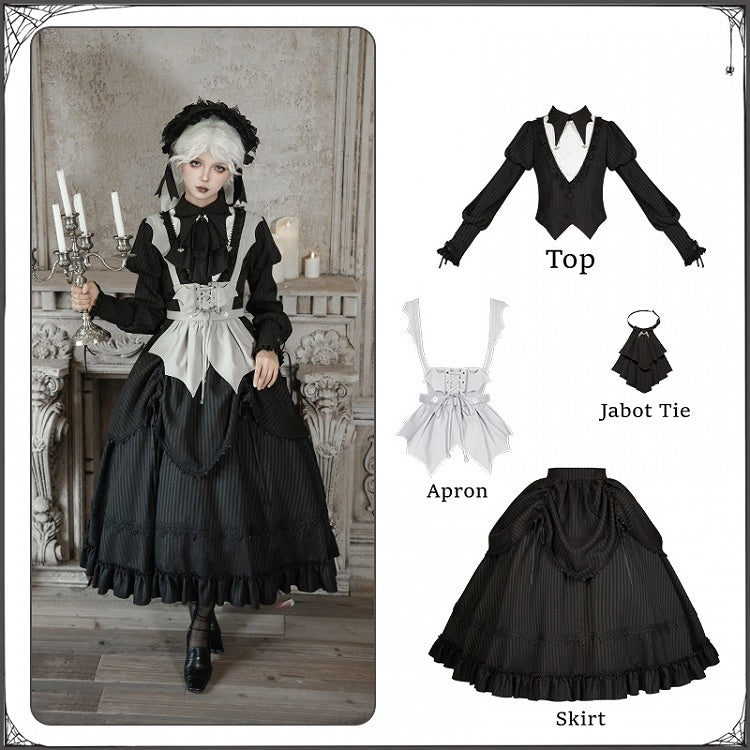 Top + Full Sleeves Apron Set Black Jabot - Long Skirt Tie Version Lolita Striped Juliette Gothic