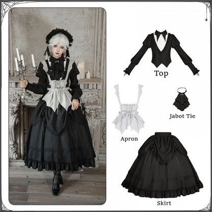 Top + Full Sleeves Apron Set Black Jabot - Long Skirt Tie Version Lolita Striped Juliette Gothic