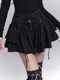Lace Tiered Skirt Cross Black Lace-up Waist Studded