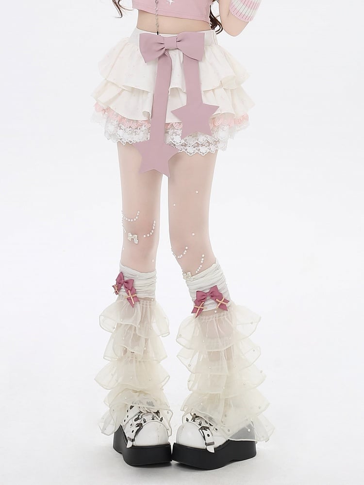 トリムボウ裏地ティアードスカートアプリコットレースピンク総柄ボウノットプリントビッグ