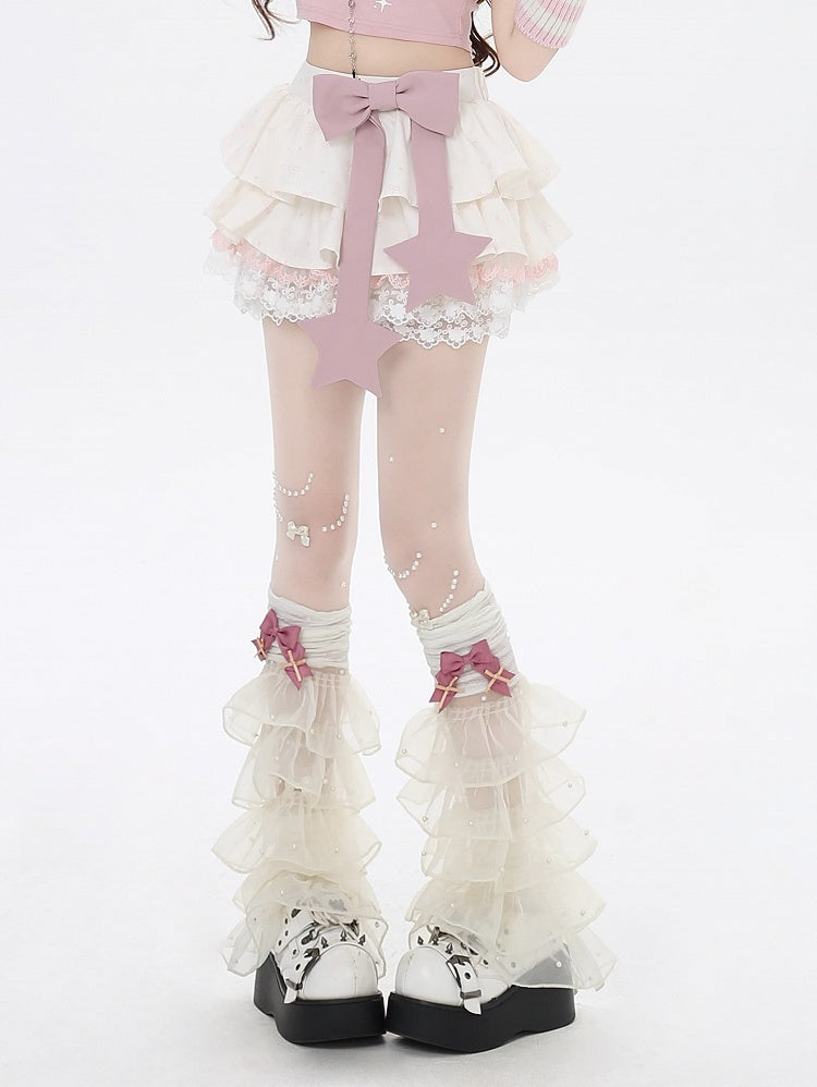 Big Pink Lined Tiered Skirt Apricot Bow Trim Allover Bowknot Print Lace