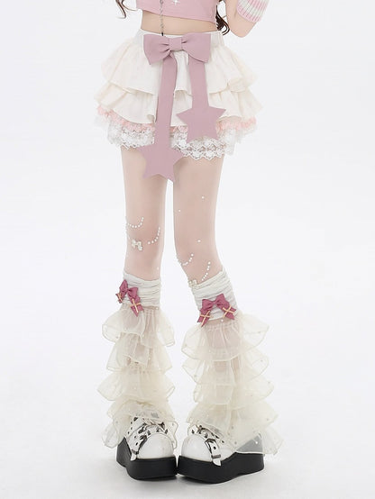 Big Pink Lined Tiered Skirt Apricot Bow Trim Allover Bowknot Print Lace