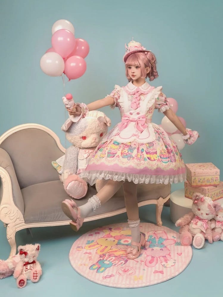 and White Collar Pan Pink Lolita Peter Bunny Cupcake Dress Print Maid
