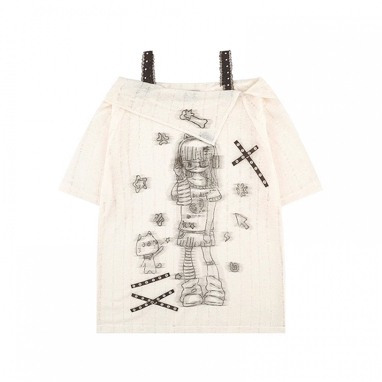 アプリコット/ブラック オフショルダー クロスストラップ カートゥーンガールプリント カバーアップ