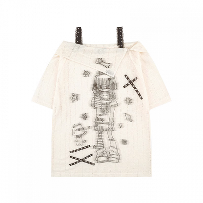 アプリコット/ブラック オフショルダー クロスストラップ カートゥーンガールプリント カバーアップ