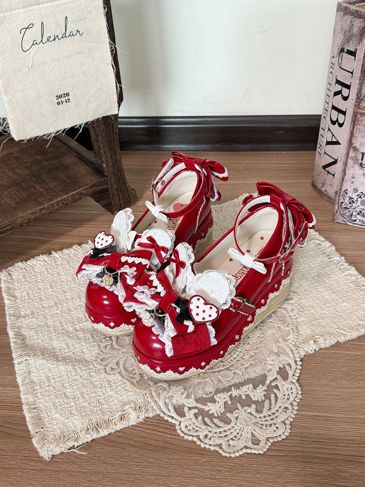 Wine Red Lace Bowknot Platform Shoes with Rabbit Ears - Cheese Mango