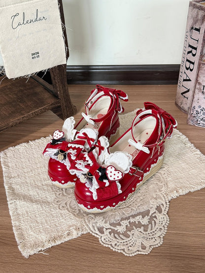 Wine Red Lace Bowknot Platform Shoes with Rabbit Ears - Cheese Mango