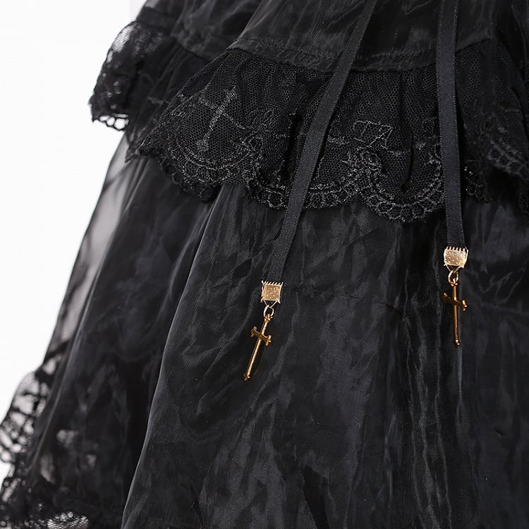 Jirai Kei – Schwarzes Tüllrock-Overallkleid mit Schnürung und hoher Taille, Landmine