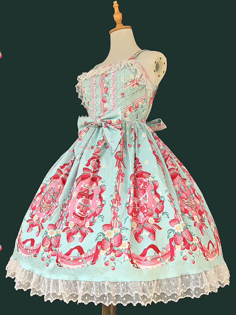 Dress Hem Lace and Blue Lolita Pink Print Details Strawberry Bow with Sweet