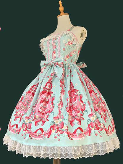 Dress Hem Lace and Blue Lolita Pink Print Details Strawberry Bow with Sweet