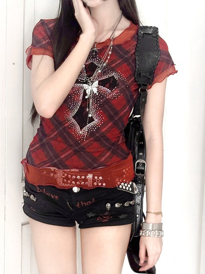 Embellished Glamorous Mesh T-Shirt Cross Y2K Punk Rhinestone Red Plaid Pattern