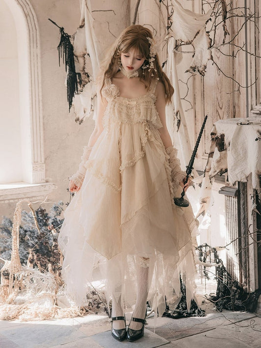 Beige Layered Handkerchief Hem Lolita JSK Dress with Ruffle Details - SecretGarden