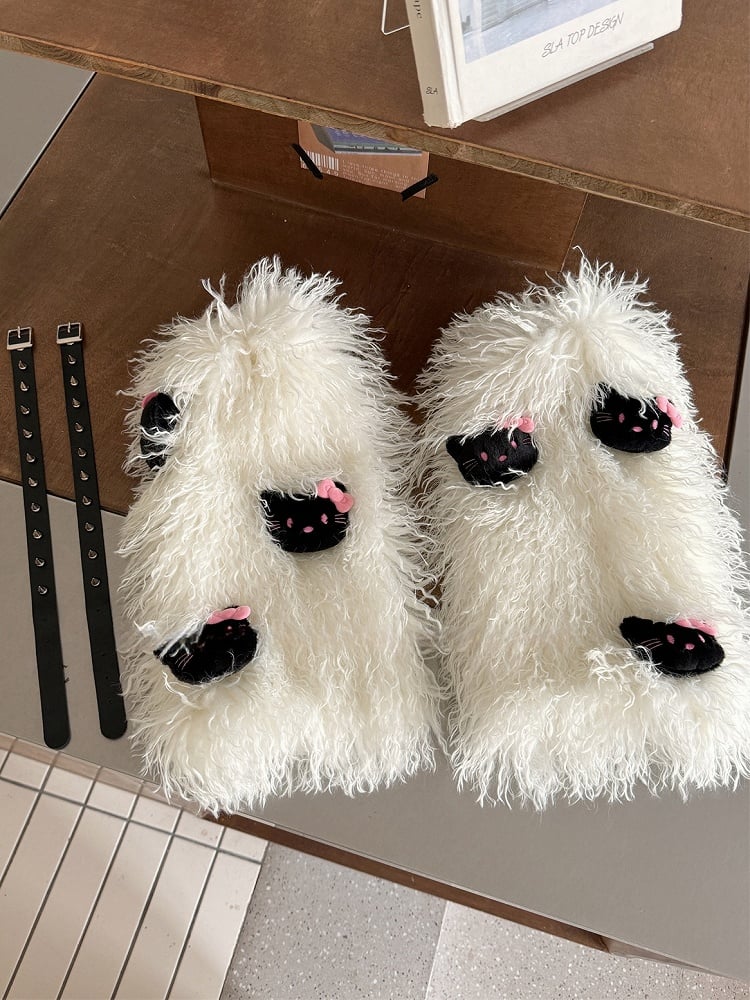 Weiß/Rosa/Kaffeebraune, zottelige Beinwärmer mit Nieten und Plüsch-Kätzchen