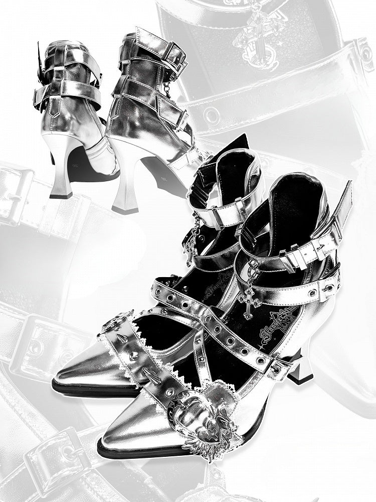 Stud Pointed High Heart Gothic - Toe Silver Heels Detailing Cone Buckle