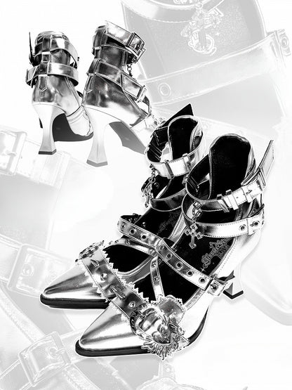 Stud Pointed High Heart Gothic - Toe Silver Heels Detailing Cone Buckle