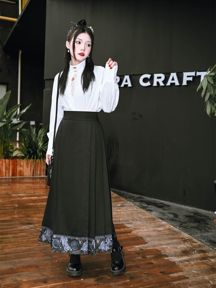 Shirt Gothic Cheongsam with Embroidery Metal Clasp White Floral