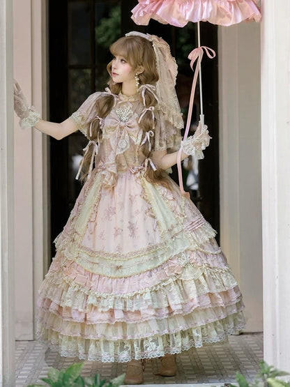 Refined Pink Lace-Trim Floral Embroidered Lolita Dress with Bow Train - Mademoiselle Pearl