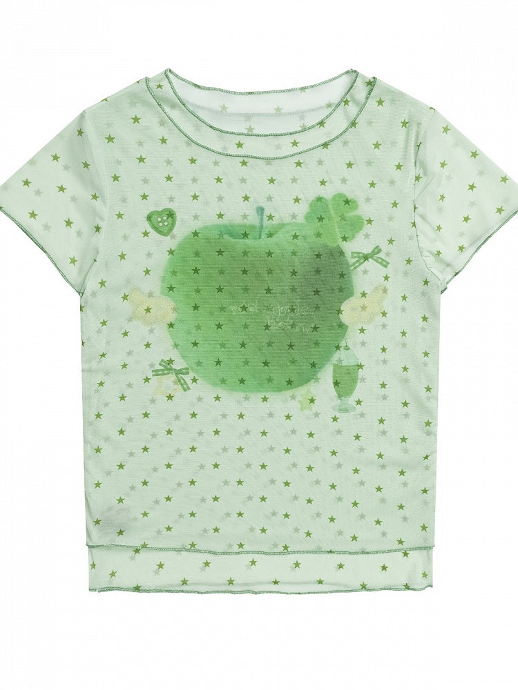 Green Double Layer Mesh Tee with Star Apple Print - Languid Park