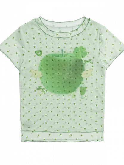 Green Double Layer Mesh Tee with Star Apple Print - Languid Park