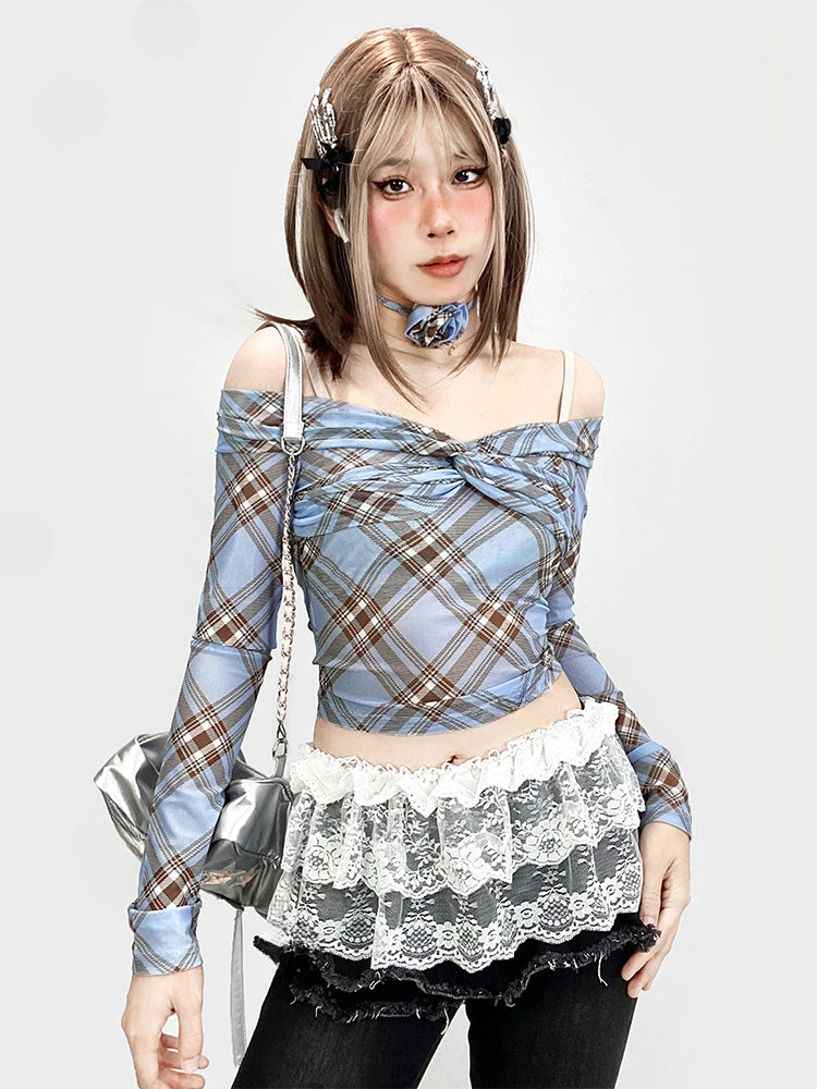ブルーチェック柄ツイストディテールオフショルダーネックラインクロップドトップス