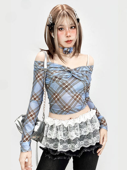 ブルーチェック柄ツイストディテールオフショルダーネックラインクロップドトップス