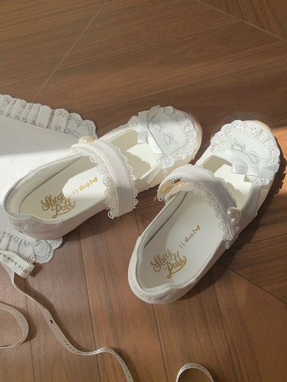 Heart-Adorned Bow Velcro Trim Sweet - Details Flat Lolita Lace Straps White Shoes