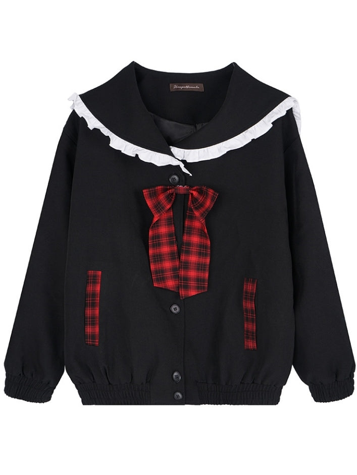 Y2K Black Sailor Collar Top with Red Plaid Tiered Skirt Set