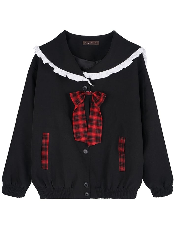 Black Sailor Collar Front Button Placket Top with Free Bowtie