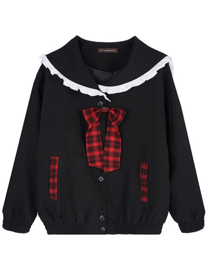 Black Sailor Collar Front Button Placket Top with Free Bowtie