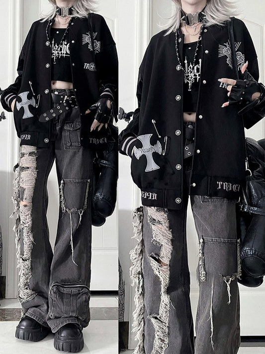 Vintage CuffCrown+Wing Black Gray Baseball Jacketwith Striped Print Gothic