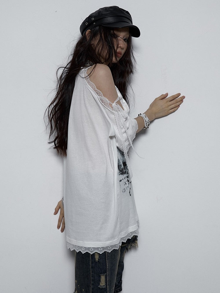 Lace-Trimmed Shoulder with Print Black Denim Lace-Up T-shirt Punk Detail White