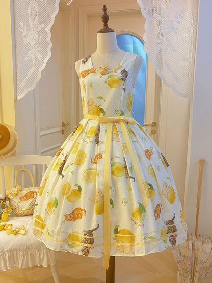 Yellow Sweet Lolita Floral Print Jumper Dress with Cat Motif - Cutey Mask