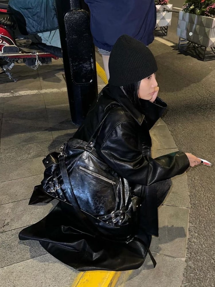 Bag Capacity Studded Tote With Strap AccentsLarge Black Buckle