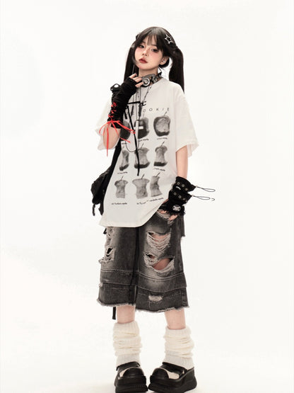 Tシャツ ホワイト ラウンドネック アップルプリント ルーズ