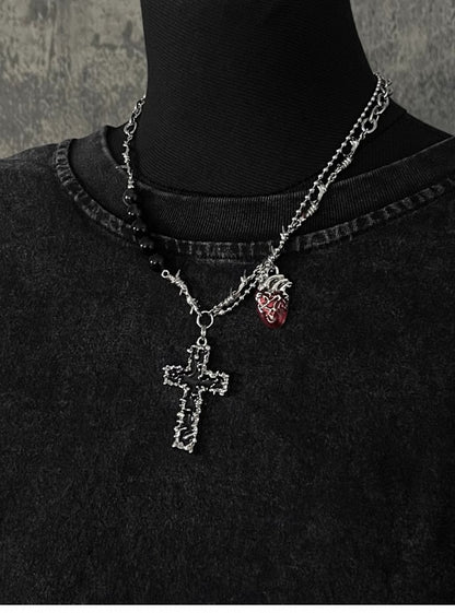 シルバークロスサンドハートペンダントソーンネックレス