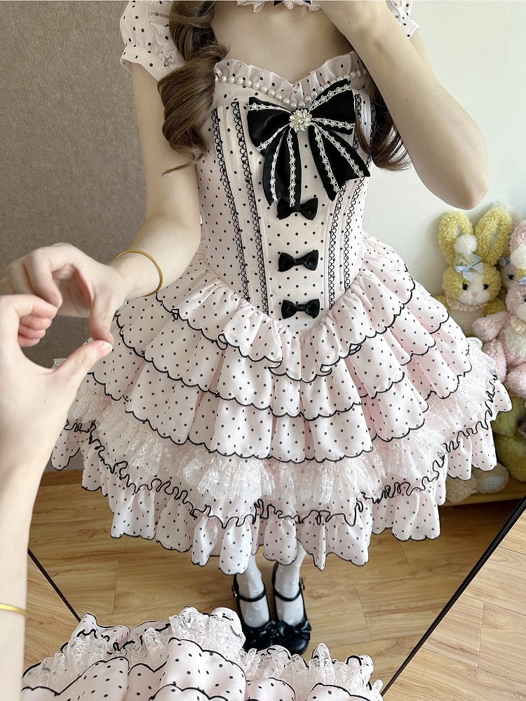 Sleeves Boned Detachable Sweet Waist Dress with Retro Polka Dots Lolita Pink Puff