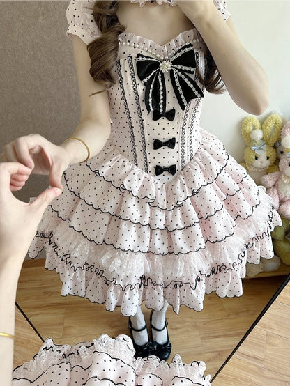 Sleeves Boned Detachable Sweet Waist Dress with Retro Polka Dots Lolita Pink Puff