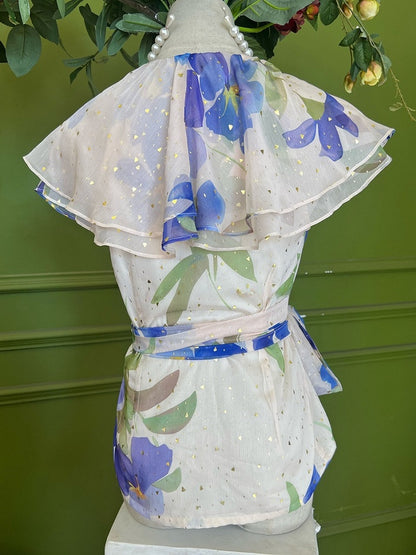 Light Pink Vintage Blue Floral Print Tiered Shawl Collar Chiffon Top