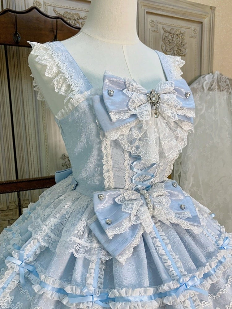 Jumper with Layered Blue Hime Bows Detachable Dress Lolita Hanayome Skirt