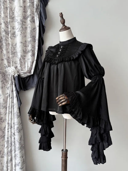 Flounce Trim Gothic Black Blouse Bell Sleeves